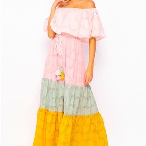 Off shoulder floral embroidery color block dress